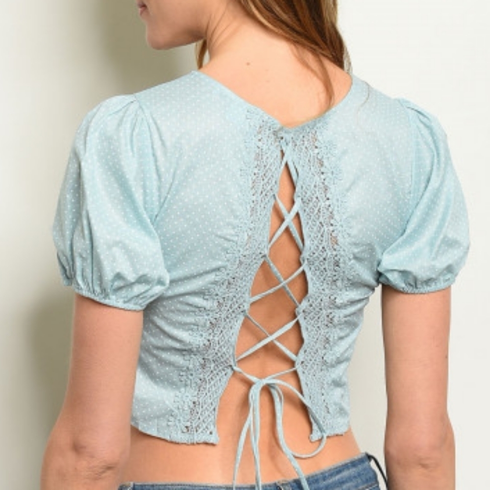 NWT Blue Polka Dot Puff Sleeve Open Back Lace Up Crop Top - Picture 4 of 10